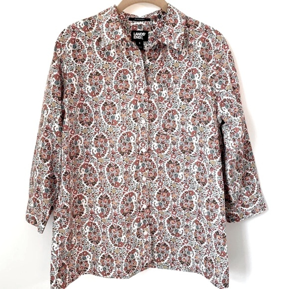 Lands End No Iron Paisley Button Up Shirt Relaxed